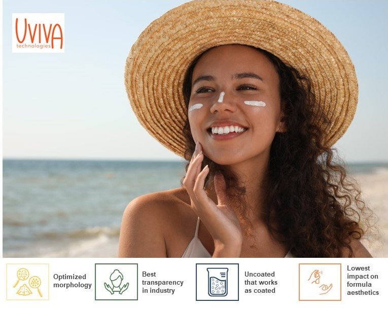 Image shows woman smiling on the beach with informations about sunprotection