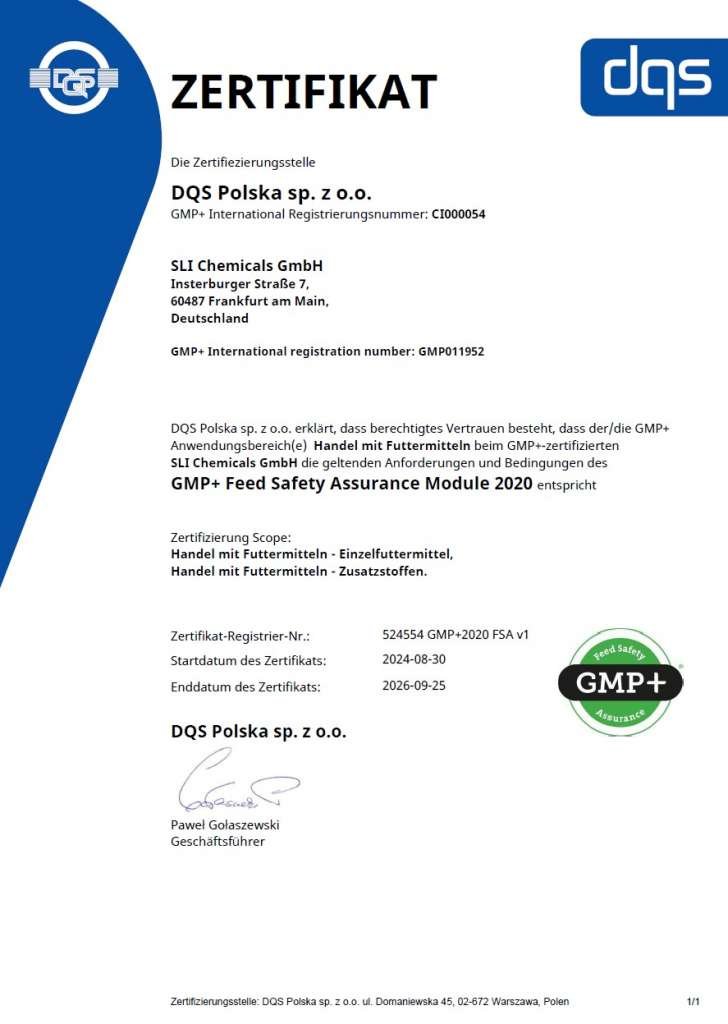 image shows dqs certificate of sli chemicals gmbh