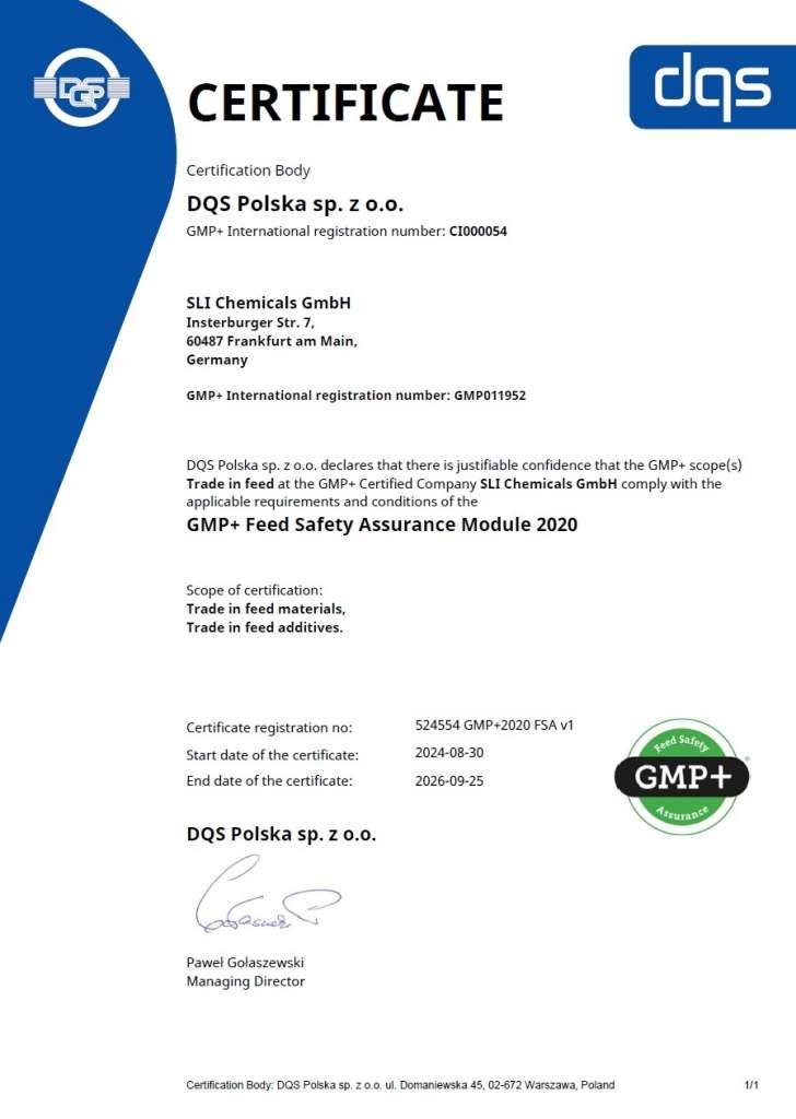 image shows dqs certificate of sli chemicals gmbh