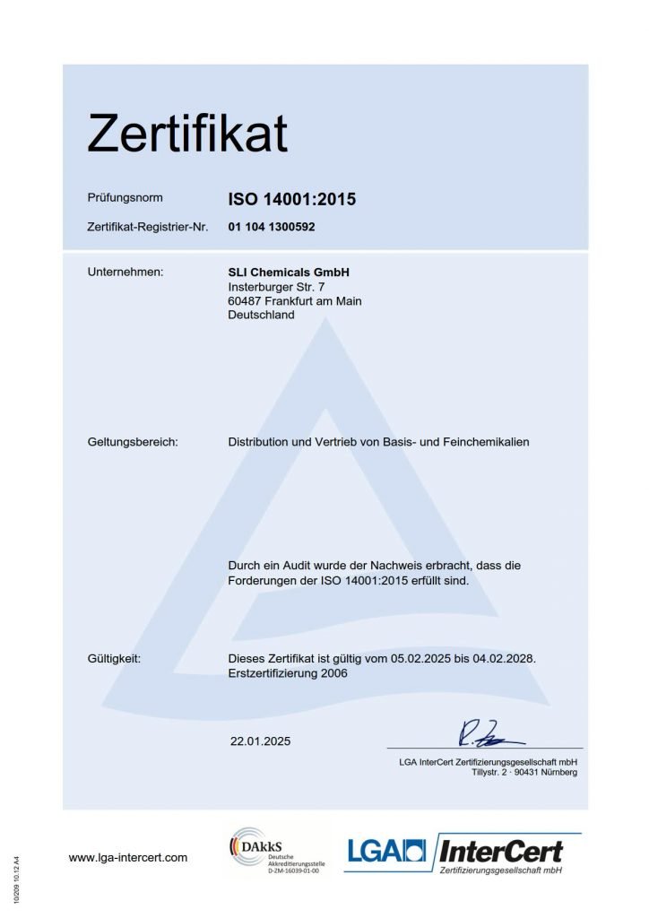 Image shows Certificate of SLI Chemicals for the distribution of chemical goods.