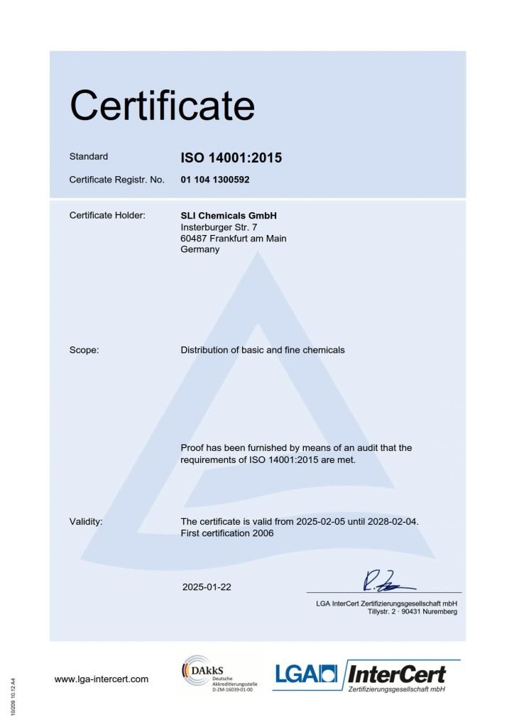 Image shows Certificate of SLI Chemicals for the distribution of chemical goods.