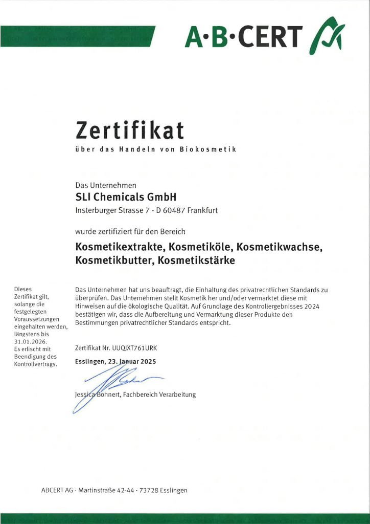 A.B. Cert certificate for SLI Chemicals GmbH confirming compliance for trading in organic cosmetics, valid until January 31, 2026